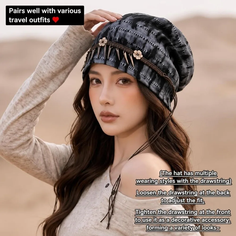 Ethnic Tie-diy Slouchy Beanie Hat Autumn Winter Boho Style Skull Cap Artistic Tassel Fringe Cold Cap Wrap Headwear