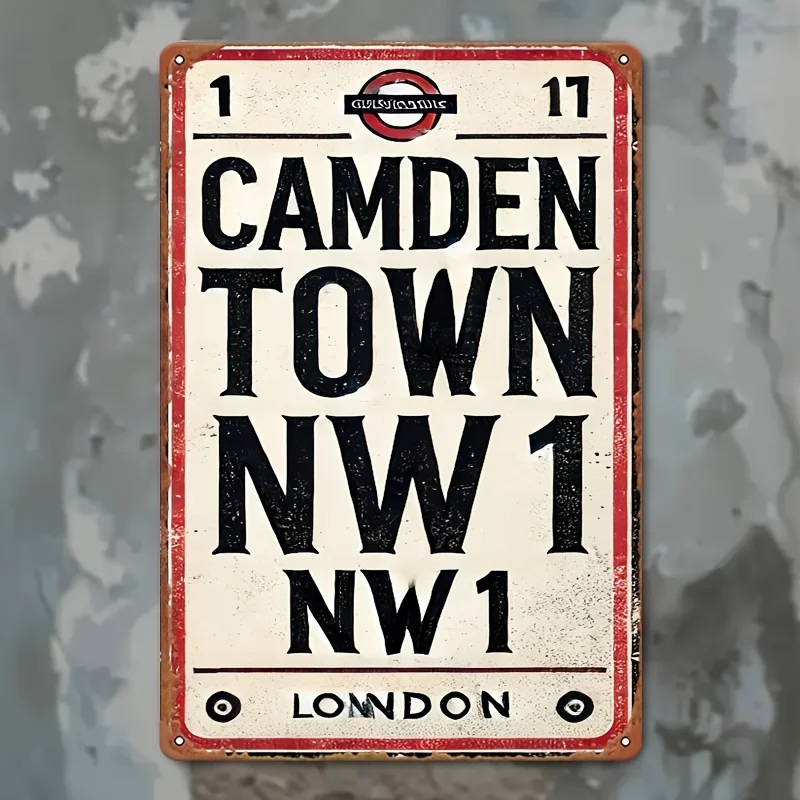 Letrero de calle Iron Camden Town, pintura retro de metal, estilo Art Deco, fácil de instalar, para colgar en interiores y exteriores, con placa.