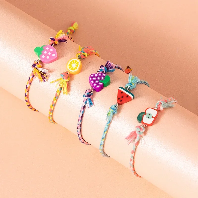 Lovecryst 5pcs/set Ins Colorful Weave Cute Fruit Charm Bracelet for Women Girl Fruit Pendant Adjustable Friendship Gift for Kids