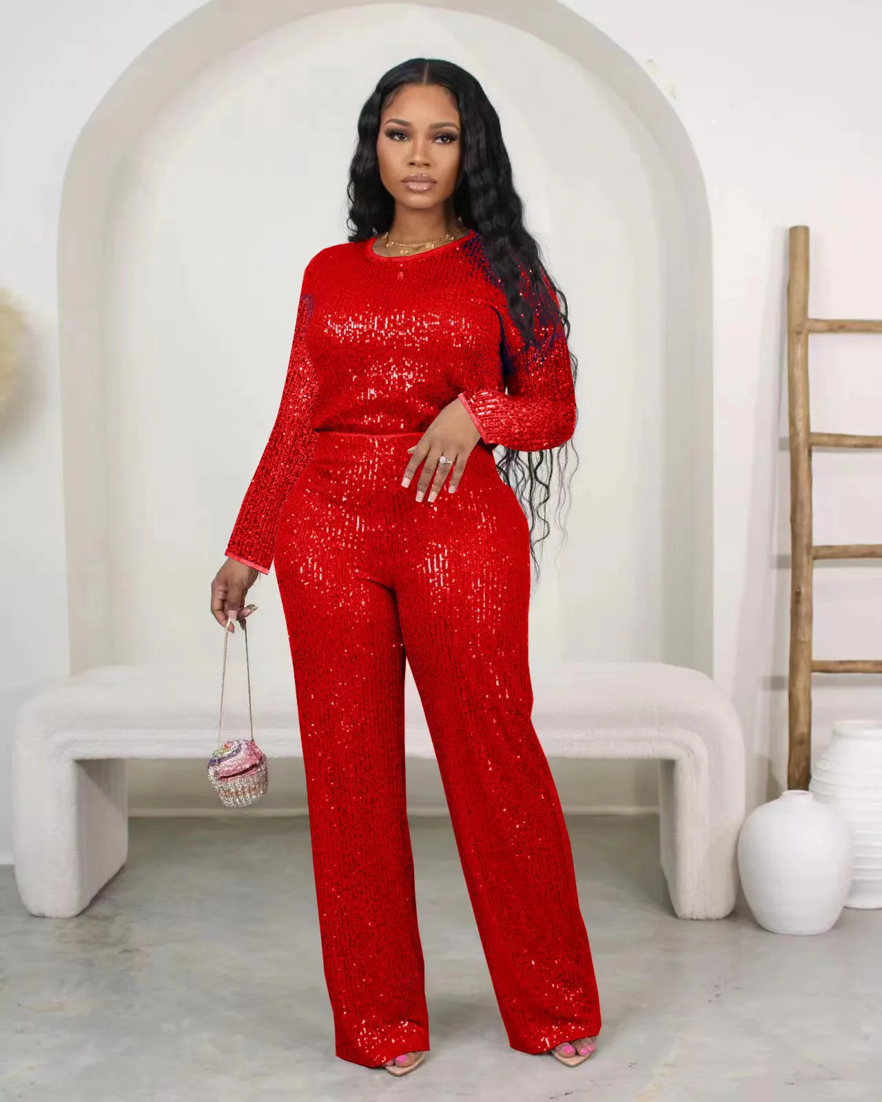 2024 New Spring Casual Sequin 2 Piece Set Women Solid Party 2 Piece Outfit O Neck Long Sleeve Tops Wide Leg Pants Suit Women Set