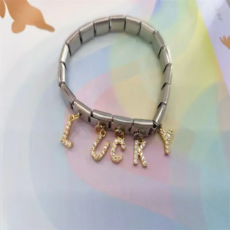 New Hot Selling 9mm Stainless Steel Italian Charm Letter Pendant with Diamond Inlay Bracelet Module Elastic Bangle Wholesale