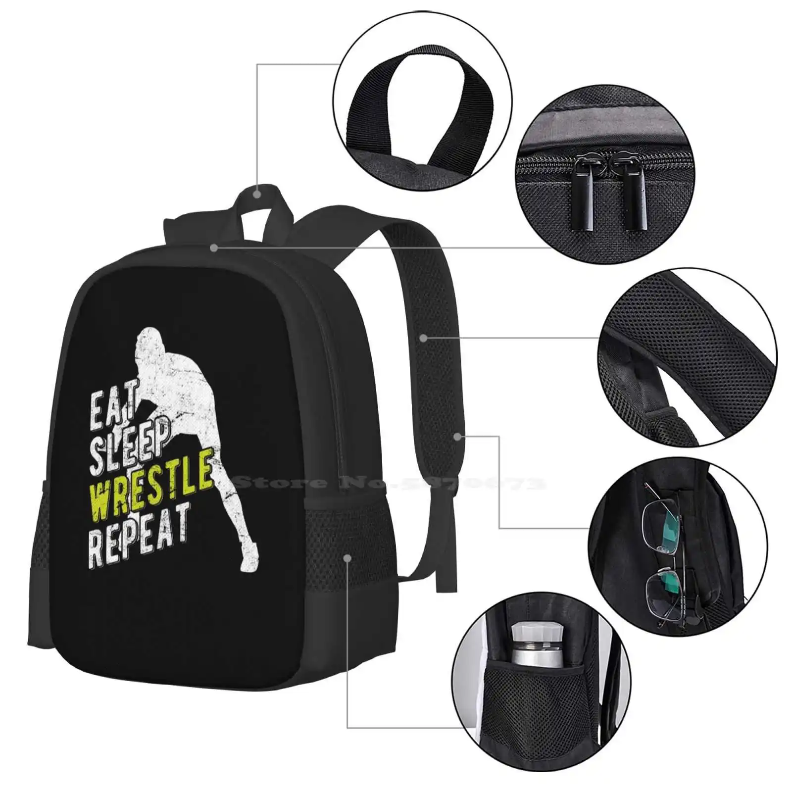 Eat Sleep Wrestling Ripeti Modello Design Borsa Zaino per studenti Wrestling Notizie Scarpe da wrestling Wrestling Mart Wrestling Rumori