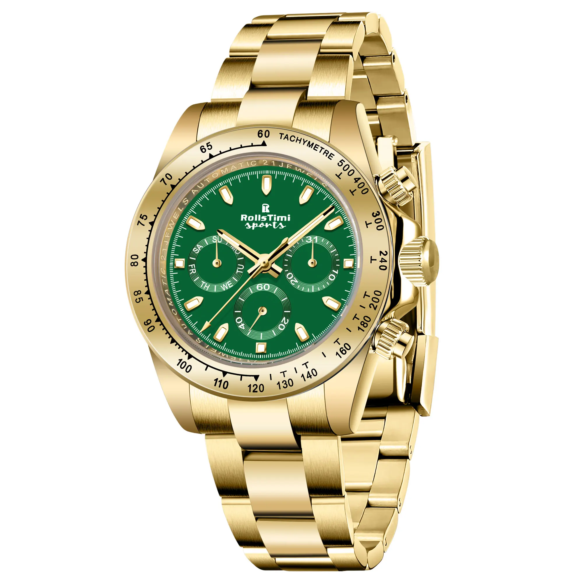 Rollstimi 2024 New Men\'s  Watches Gold Green Luxury Automatic Watch Men Mechanical Wristwatch Men Waterproof Sport Chronograph