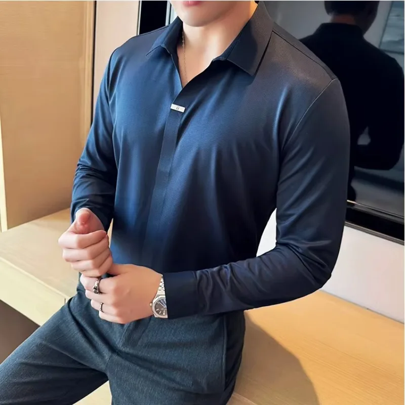 High Elastic V-neck Non-marking POLO Shirt 2026 Autumn New Long sleeved Casual Business Solid Color T-shirt Men's Clothing Z122