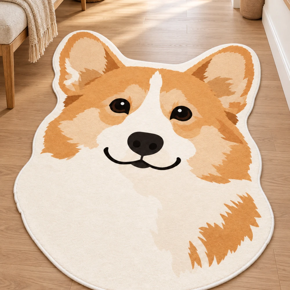 Cute Corgi Face Shaped Area Rug, Cute Dog Floor Mat for Bedroom Living Room Entryway Pet Mat Cozy Practical Pet Lover Home Decor