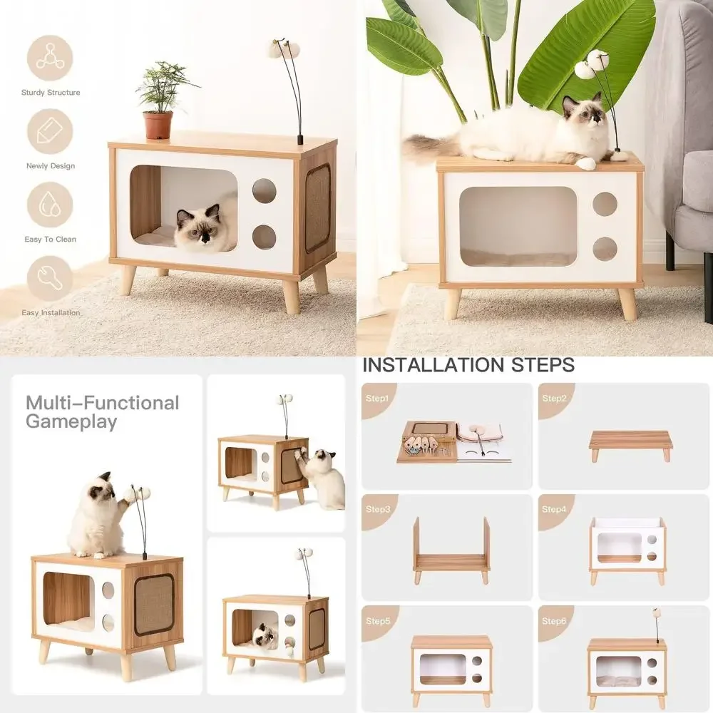 

Деревянный домашний кондоминированный для кошек в форме телевизора с подушкой, когтеточкой и игрушками-колокольчиками