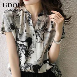 Summer New Ink Printing Loose Casual Pullover Blouse Women Short Sleeve Fashion All-match Vintage Shirt Female V-neck Top Femme