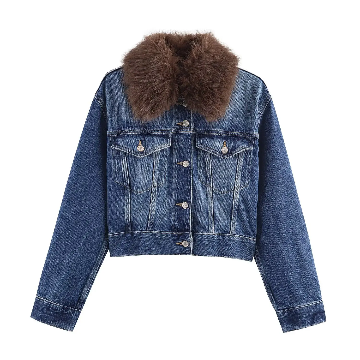 Dark Wash Denim Jacket with Removable Faux Fur Collar Women Cropped Long Sleeve Casual Y2K Korean Fashion Cowboy Coat