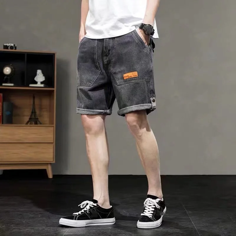 New Summer Men's Washed Denim Shorts American Retro Solid Color High Street Shorts Loose Casual Straight Large Size Denim Shorts