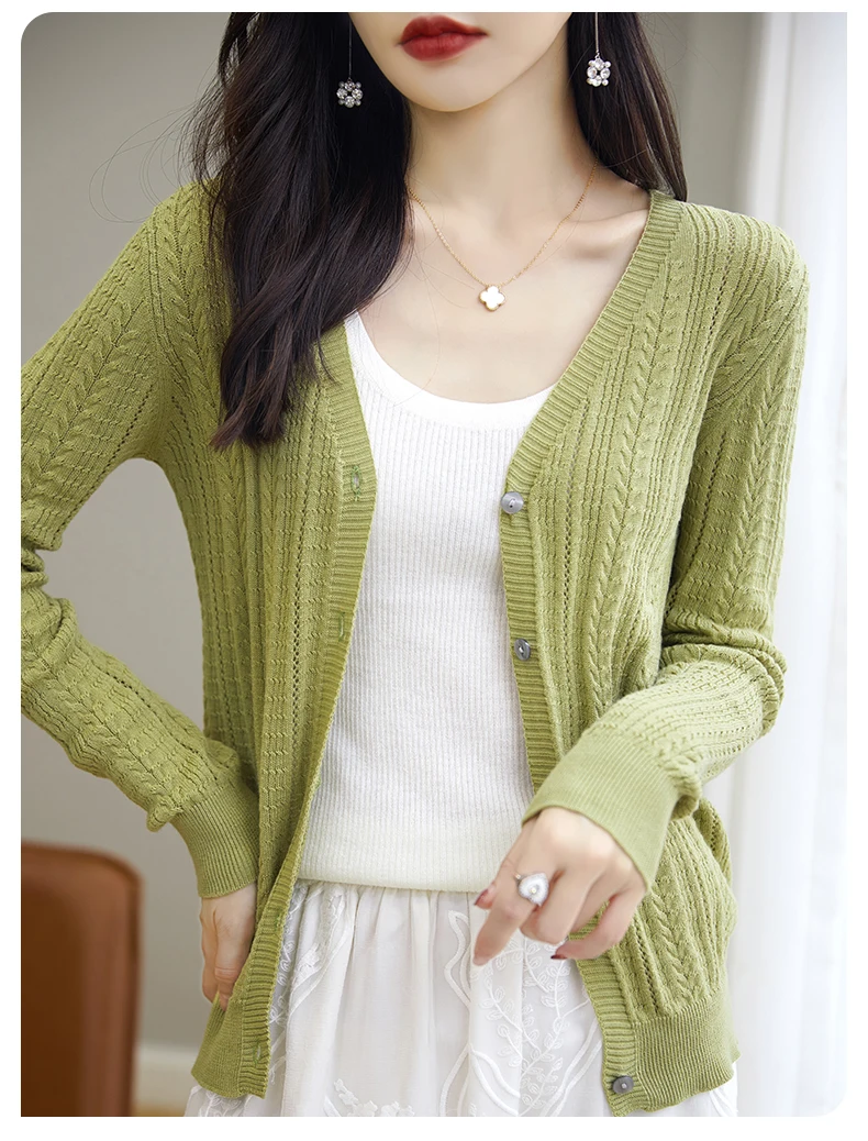 100% Cotton Spring/Summer Hollow v Neck Long Sleeved Sun Proof Air-Conditioned Shirt, Comfortable Fashionable Cardigan
