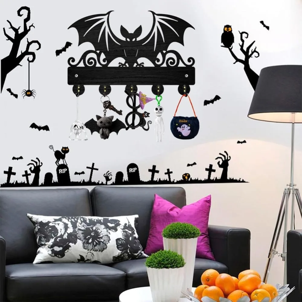 Houten Vleermuis Muur Sleutelhaak Halloween Dierenthema Gemonteerde Sleutelhouder 11,8×7,9inch Art Decor Zwart Sleutelrek Organizer