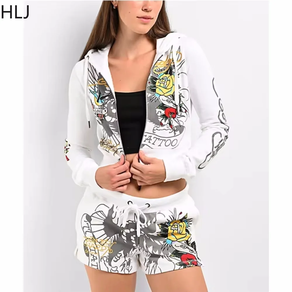 HLJ Fashion Y2K Pattern Print Hooded Two Piece Sets Women Zipper Long Sleeve Crop Coat And Shorts Outfits Female 2pcs Streetwear