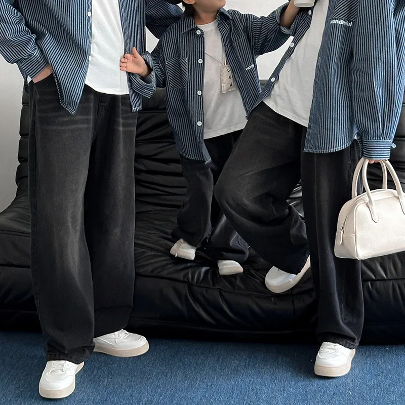 Family Matching Elastic Waist Jeans Black Loose Fit Denim Pants for Mom Dad Baby Boys Girls Unisex Parent-Child Couple Outfit