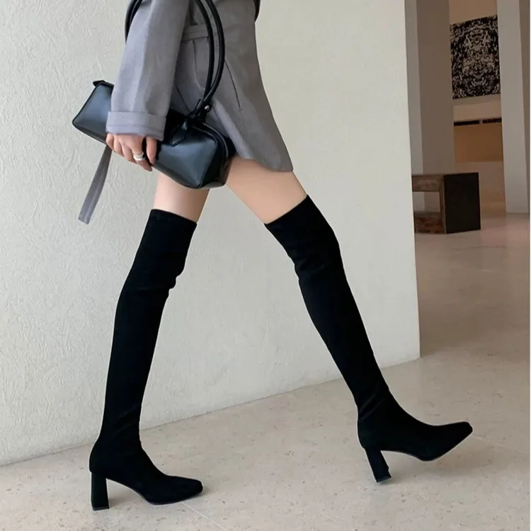 New Early Autumn Over-the-Knee Boots, Square Toe, Chunky High Heels, Popular Slim Fit, High Shaft Stretch Boots
