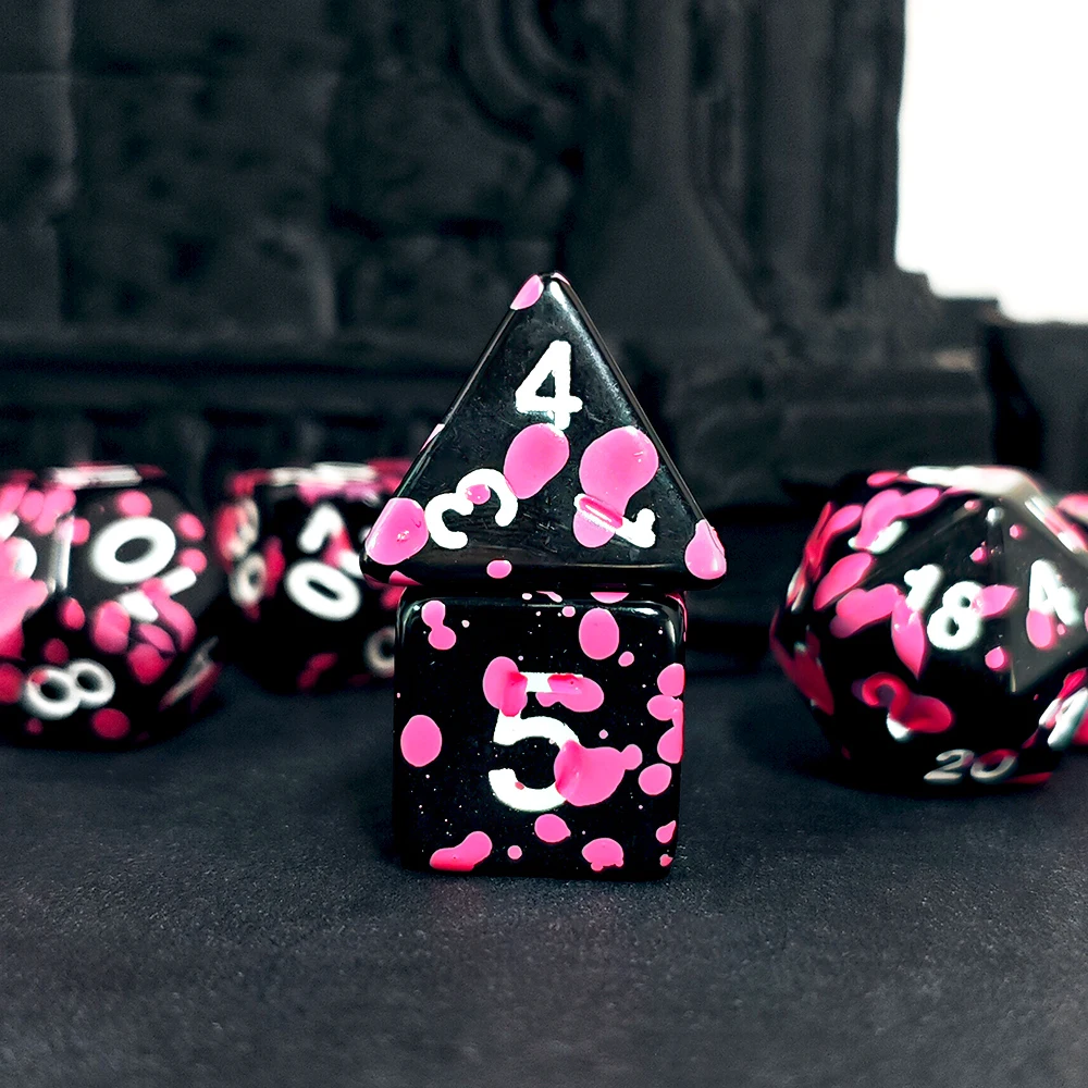Polyhedral Pink Splatter Acrylic 7Pcs D20 D12 D10 D00 D8 D6 D4 Dice Set for DND RPG TRPG Games Home Club Kids Toys Accessory