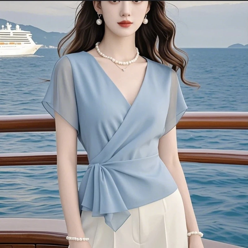 Women's Elegant V-Neck Solid Pleated Chiffon T-Shirt Summer 2026 New Waist Tie Short Sleeve Irregular Top view 6