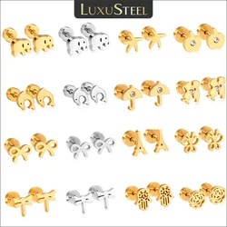 LUXUSTEEL Stainless Steel Cute Animals Elephant Dolphin Butterfly Stud Earrings For Women Girls Anti-allergy Screw-back