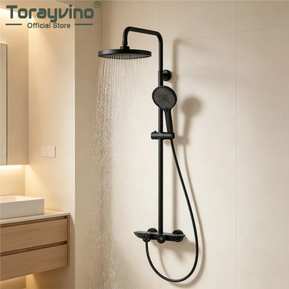 Torayvino Bathroom Chrome Shower System Wall Mounted Rainfall Shower Head Set with Handheld Spray Shower Faucet Combo
