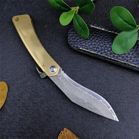Higonokami Pocket Folding Knife Damascus Steel Blade Copper Handle Outdoor Camping Survival Tactical Knife Practical Combat Tool