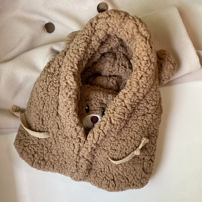 Cartoon-Bärenohren-Lamm-Beanie-Mütze mit Maske, warme Sturmhaube, verdickte Ohrenschutz-Wintermütze, Herbst-Skullies-Beanies für Damen und Mädchen – Detail 10