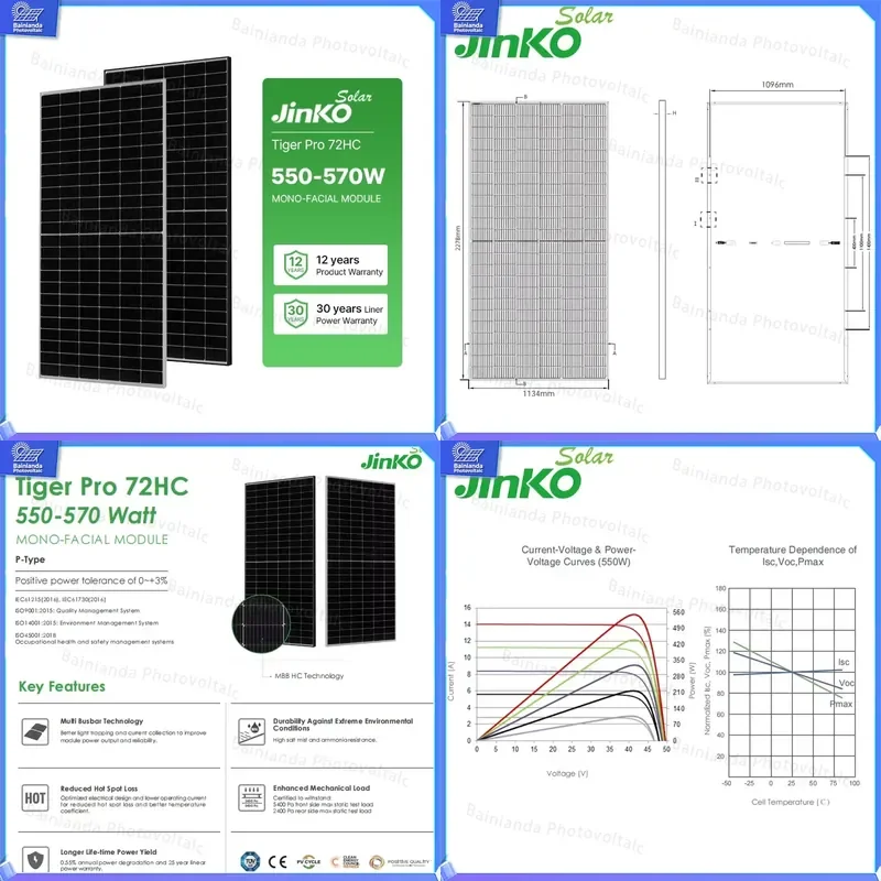 Panel Solar Fotovoltaico Jinke 540W 550W Tiger Professional, Módulo Fotovoltaico Monocristalino de Alta Eficiencia para Energía Solar
