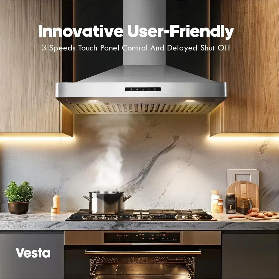 VESTA Milan 30 Inches 800CFM Stainless Steel European Style Wall Mount Range Hood With LED Lights Touch Screen Round Front Edges