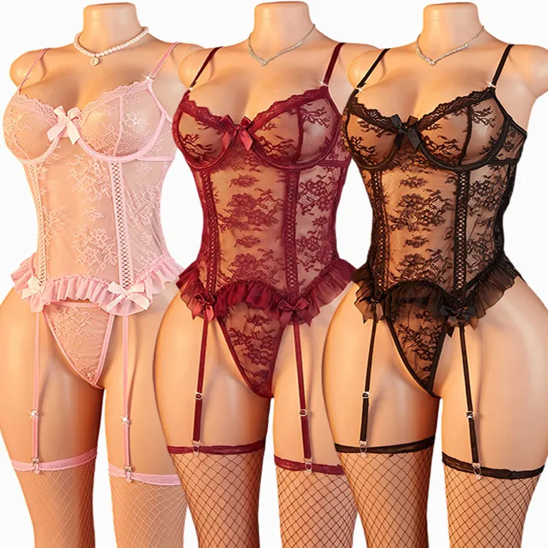 Transparent Garter Belt One-Piece Sex Lingerie Crotchless Erotic Babydolls Luxury Underwear Pajamas Stockings Set Sexy Lencerías