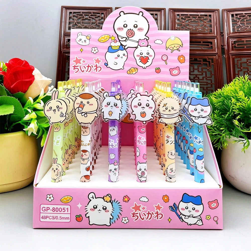 Kawaii Chiikawa Cartoon Gel Pen 0.5mm Refill Press Pen Black Pen 48Pcs Student Stationery School Writing Supplies Animation Gift
