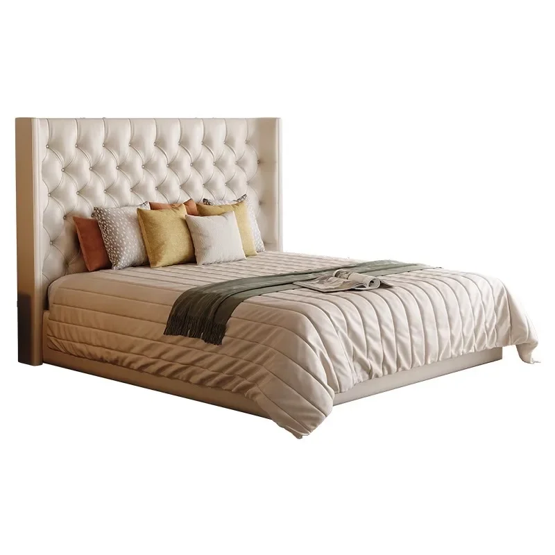 

Italian leather bed, light luxury modern simplicity, double French cream style, master bedroom bed high foot soft bag bed