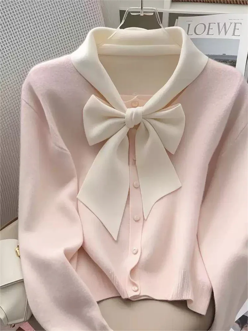 Maglione da donna con colletto rovesciato con fiocco rosa Autunno Inverno Cardigan lavorato a maglia chic unico Design dolce e carino Top ampio a maniche lunghe