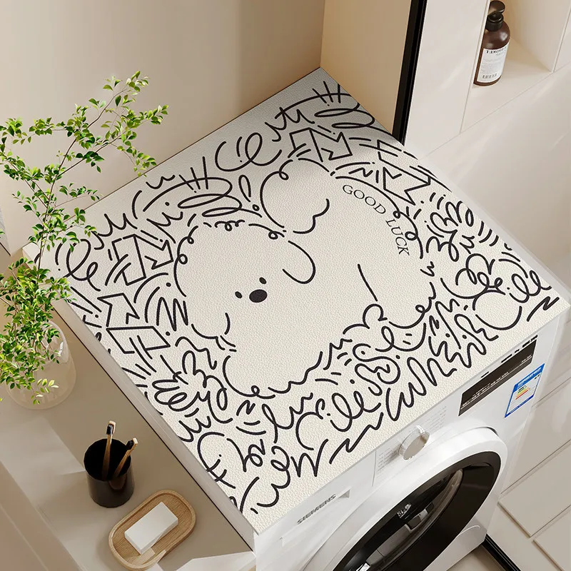 VIKAMA Sketch Fluffy Dog Washing Machine Top Mat Curly Line Hello Print Waterproof Anti Dust Laundry Dryer Surface Pad Dust