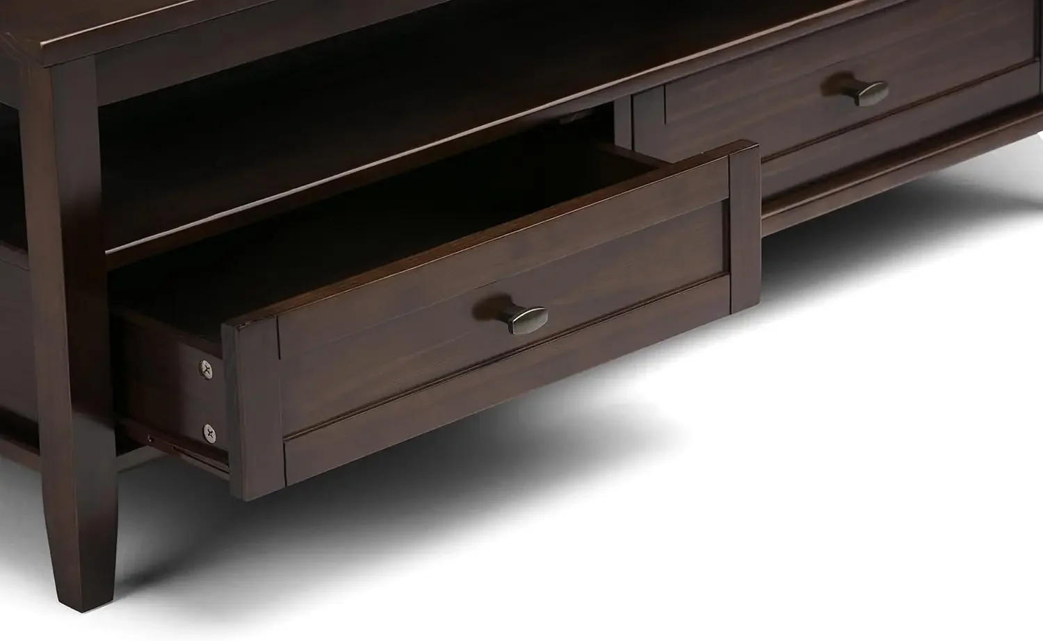 Warm Shaker Madeira Sólida Mesa de centro rústica retangular de 48 polegadas de largura em marrom tabaco, para sala de estar e quarto familiar