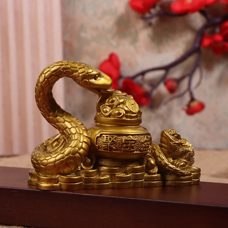 2025 New Year Gold Feng Shui Snake Toad Statue Figurine Coin Money Wealth Luck Spring Festival Home Decoration Small Ornament