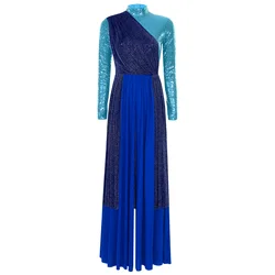 Women Praise Dance Dresses Worship Liturgical Costume Overlay Rompers Long Sleeve Sequin Back Zipper Jumpsuit Lyrical Dancewear