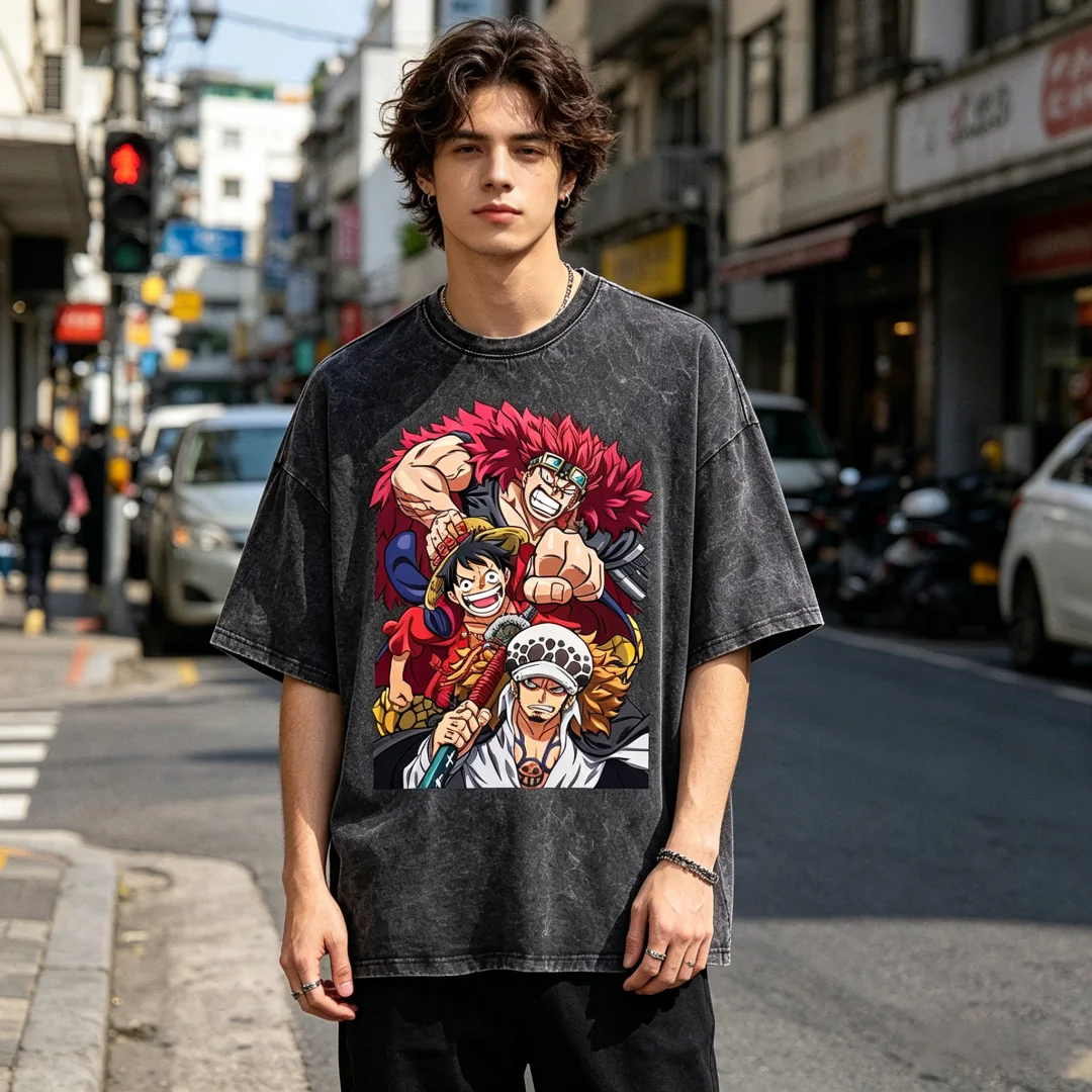 

2026 Hot Sale Luffy Kid Law Vintage Washed T-Shirt Anime Graphic Tee Unisex Streetwear Short Sleeve Top for Men Women Anime Fans