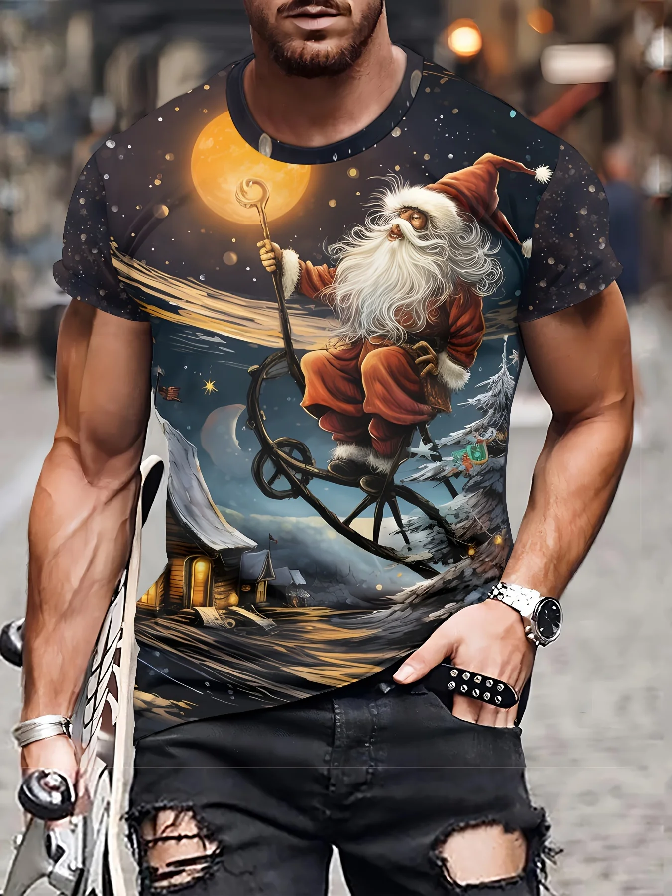 Christmas men's shirt, snow train scene printed t-shirt, soft and durable fabric, fashionable and casual Christmas clothing