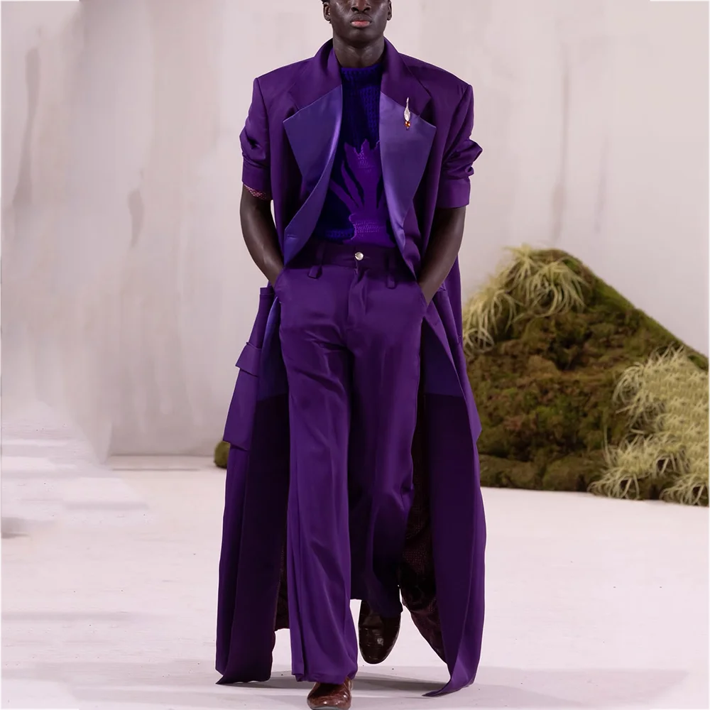 Fashion Runway Men Suit Satin Notch Lapel Long Oversized Blazer Pants Straight Stage Casual Prom Party Costume Male Two Piece