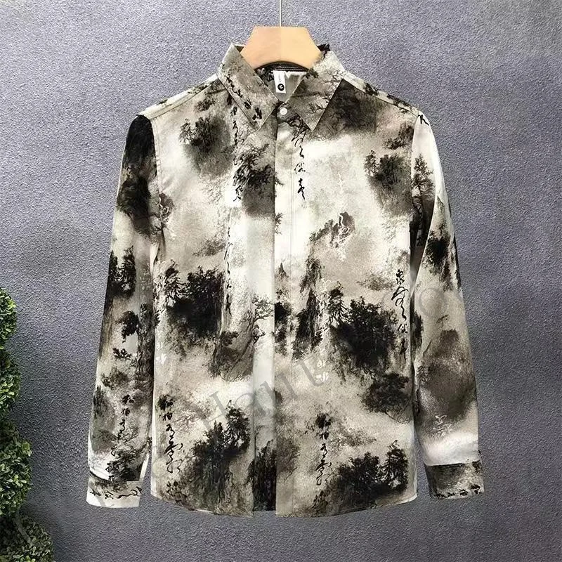 Men\'s autumn fashion casual shirt new style painted halo ethnic print high-end loose versatile casual jacket