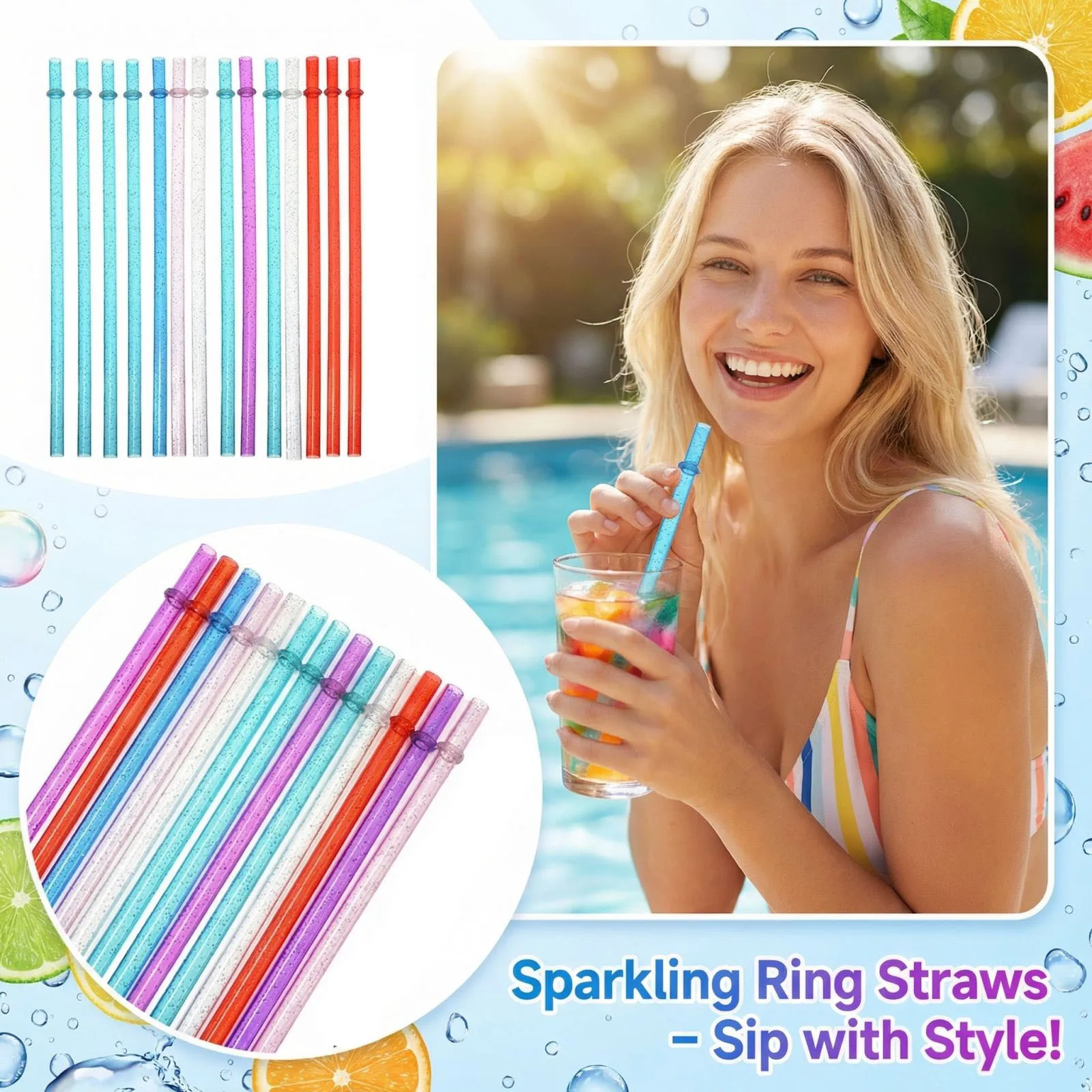 12-Piece Reusable Plastic Straws Sparkling Ring Threaded Hard Drink Accessories Sip with Style Colorful Vibrant Straw Set