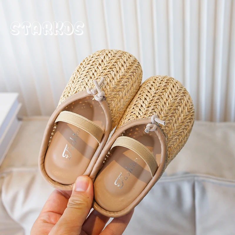 

Natural Vine Straw Weaved Mule Shoes Kids Breathable Braided Sandals Baby Girls Soft Sole Flat Clog Slippers with Elastic Band