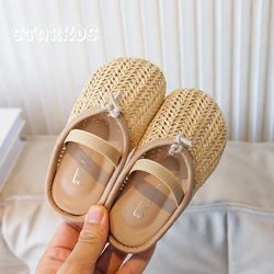 Natural Vine Straw Weaved Mule Shoes Kids Breathable Braided Sandals Baby Girls Soft Sole Flat Clog Slippers with Elastic Band