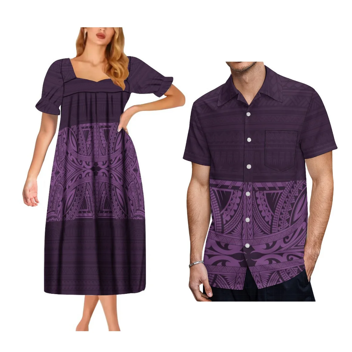 Polynesian Matching Couple Woman Short Sleeve Dress Man Shirt Samoa Design Tropical Island Dress Pacific Island Art