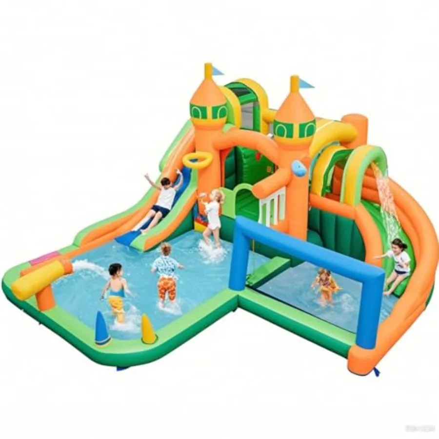 

Inflatable Water Slide, 9 in 1 Dual Slides Kids Water Park Jump Castle Water Soccer, Big Splash Pool, Water Slides Inflatables