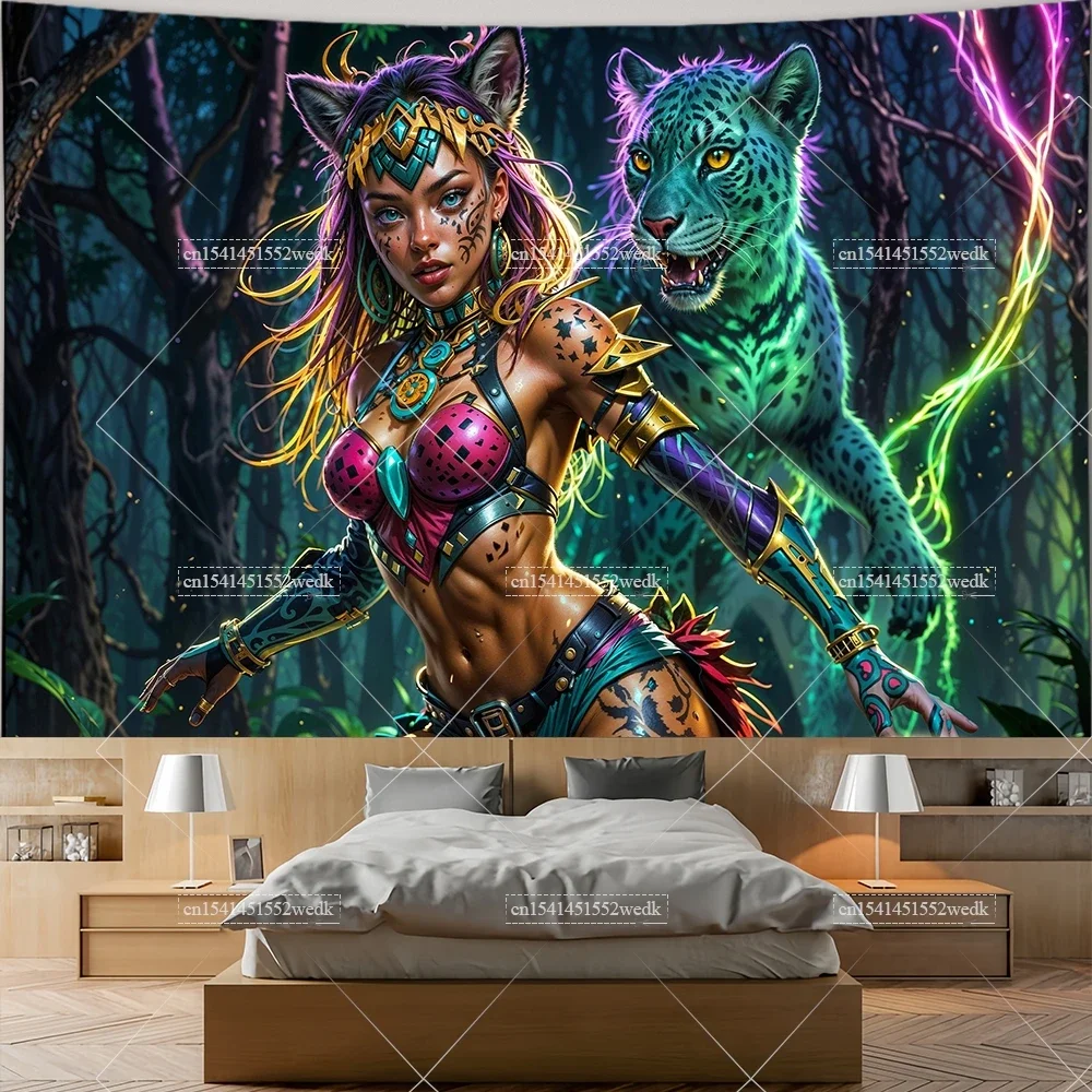 Shaman Jaguar Goddess Wall Hanging Tapestry Cute Cat Woman Spiritual Tapestries Aesthetic Room Decor Meditation Tapestrys Poster