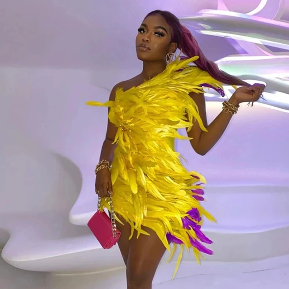 

New Design Short Sleeveless Feather Dress Women Celebrate Evening Prom Gown Birthday Dress Singer Dancer Show Stage Wear