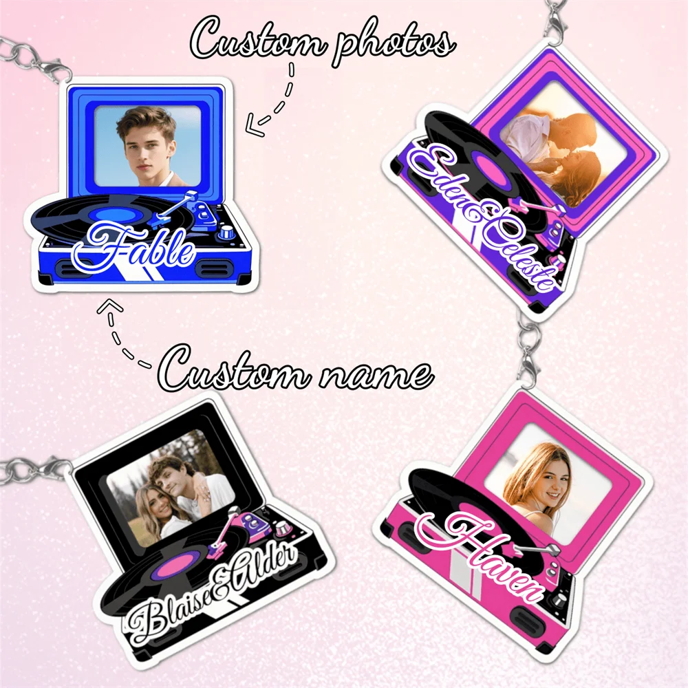 Custom Photo Name Keychain Personalized Gramophone Backpack Tag Party Music Decoration Gift Customized Name Photo Keychain