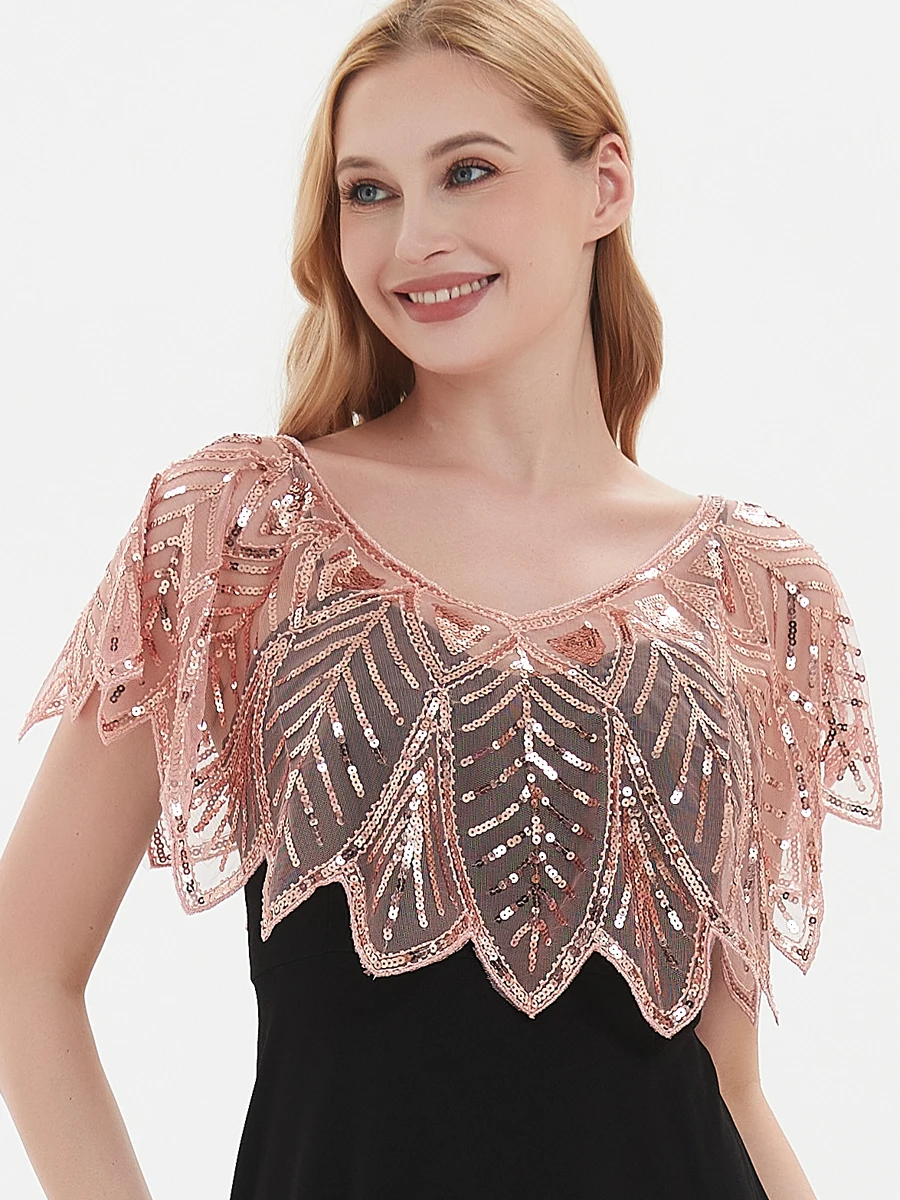 1920s Shawl Wraps Sequin Beaded Evening Cape Bridal Shawl Bolero Vintage Leaf Zig Zag Flapper Embroidery Cover Up