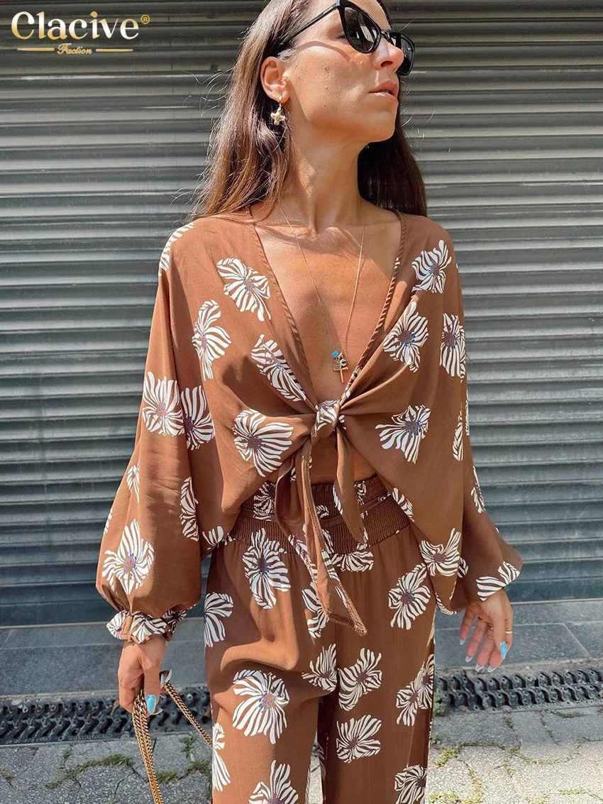 

Clacive Fashion Loose Print 2 Pieces Set For Woman 2025 Sexy Long Sleeve Shirt With High Waist Maxi Skirt Set Female Streetwear