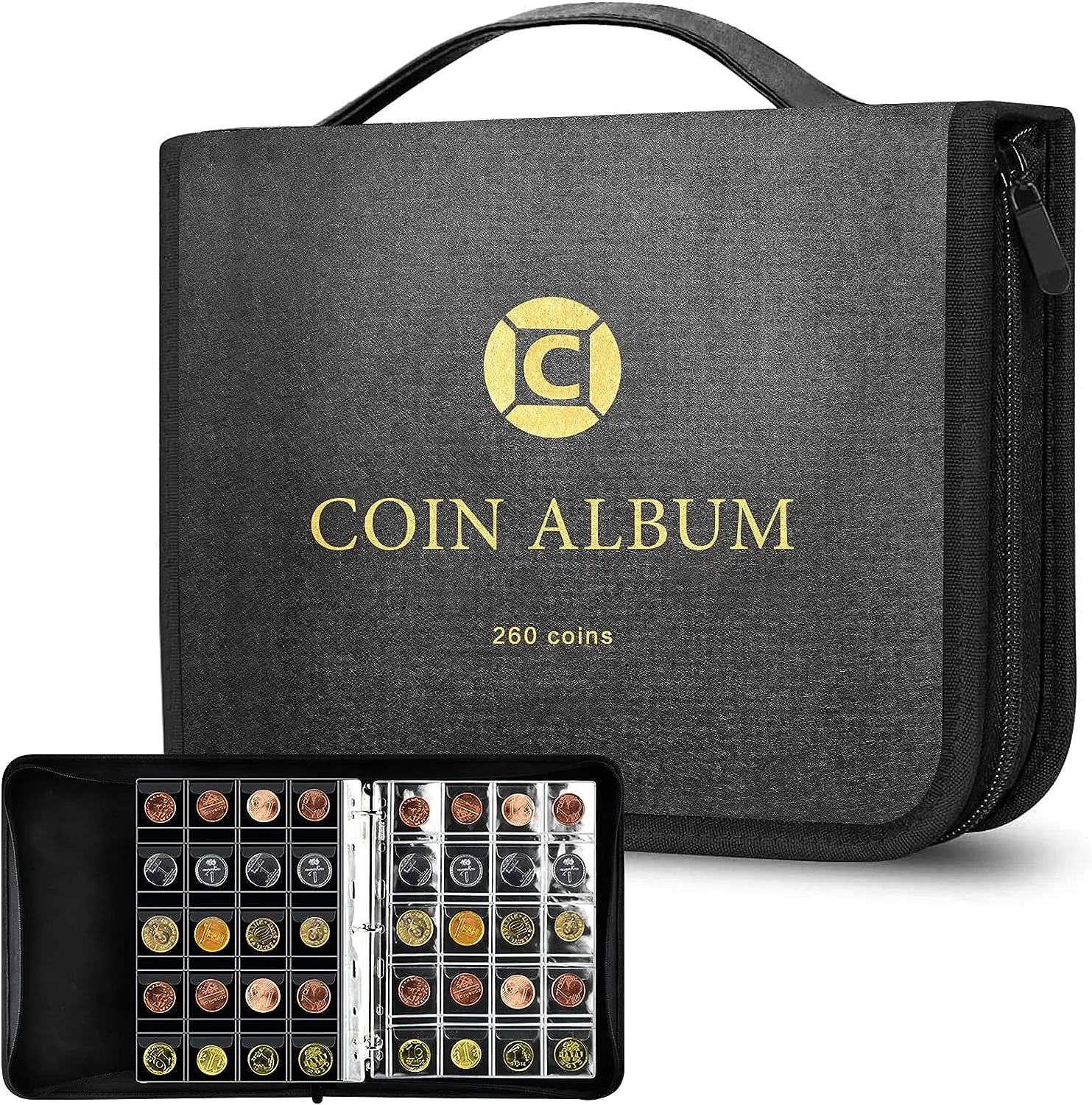 Coin Collection Book Holder for Collectors, 260 Pockets Coins Collecting Album with Zipper and Handle. Coin Display Storage Case