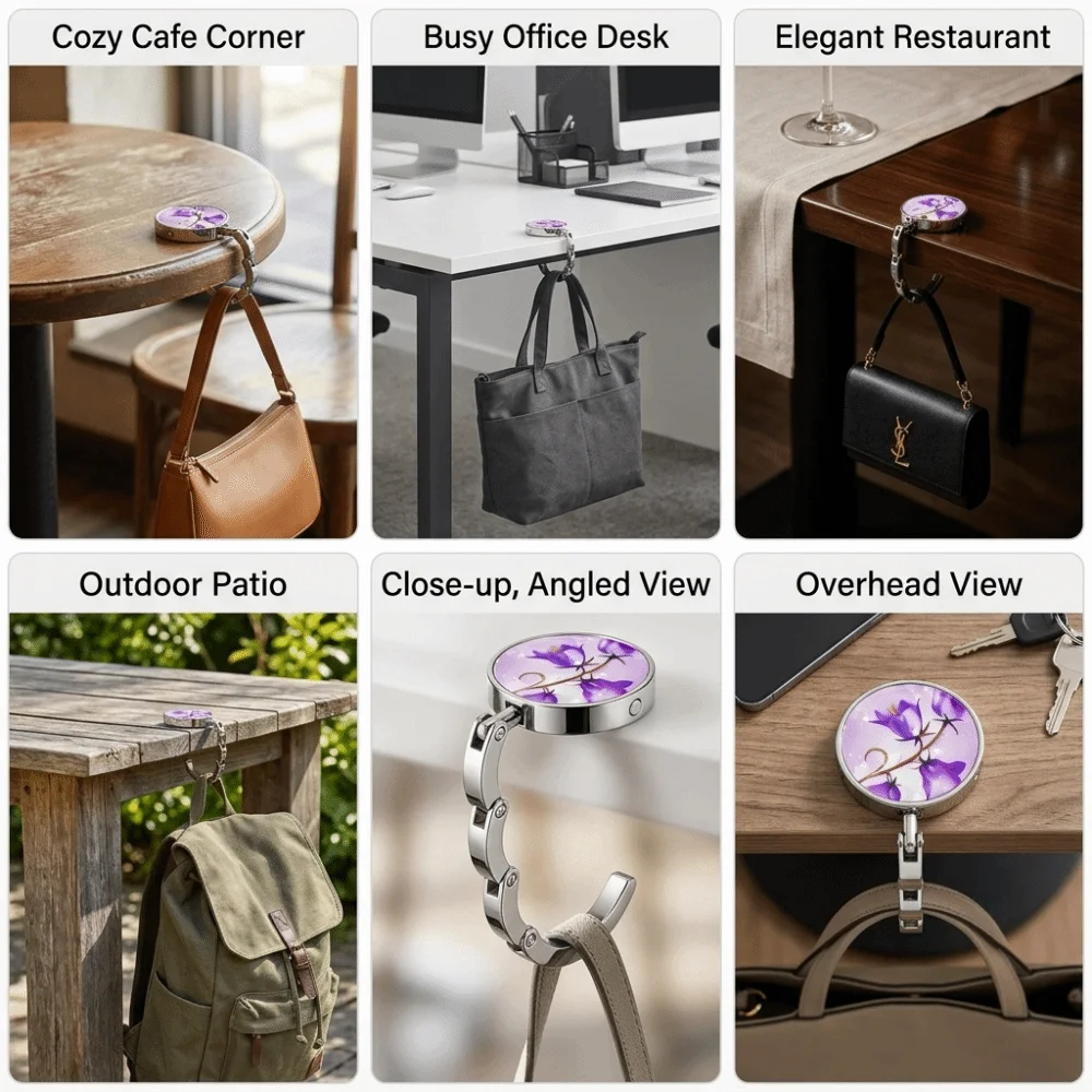 Foldable Design Portable Purse Hook Folding Alloy Table Handbag Holder Marble Pattern Non Slip Bag Hanger Office Use
